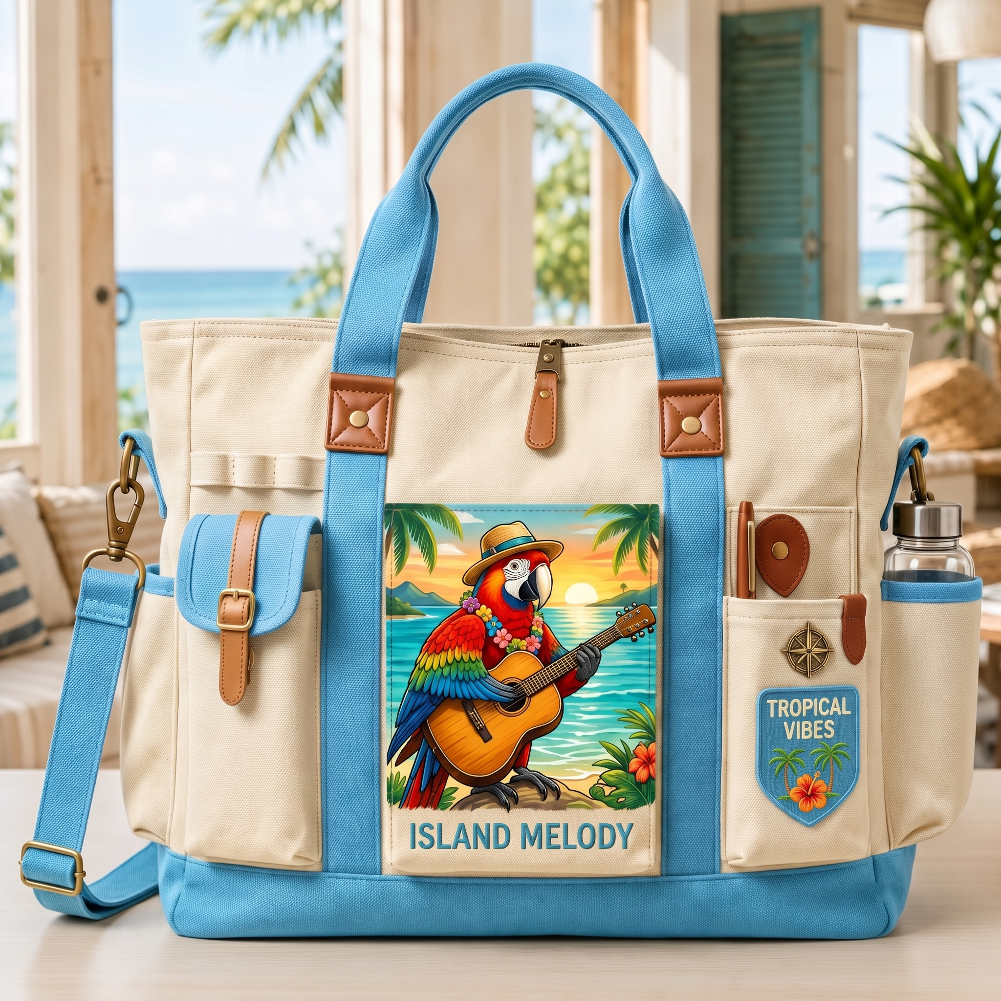 Island Melody Tropical Parrot Multi-Pocket Canvas Travel Tote Bag