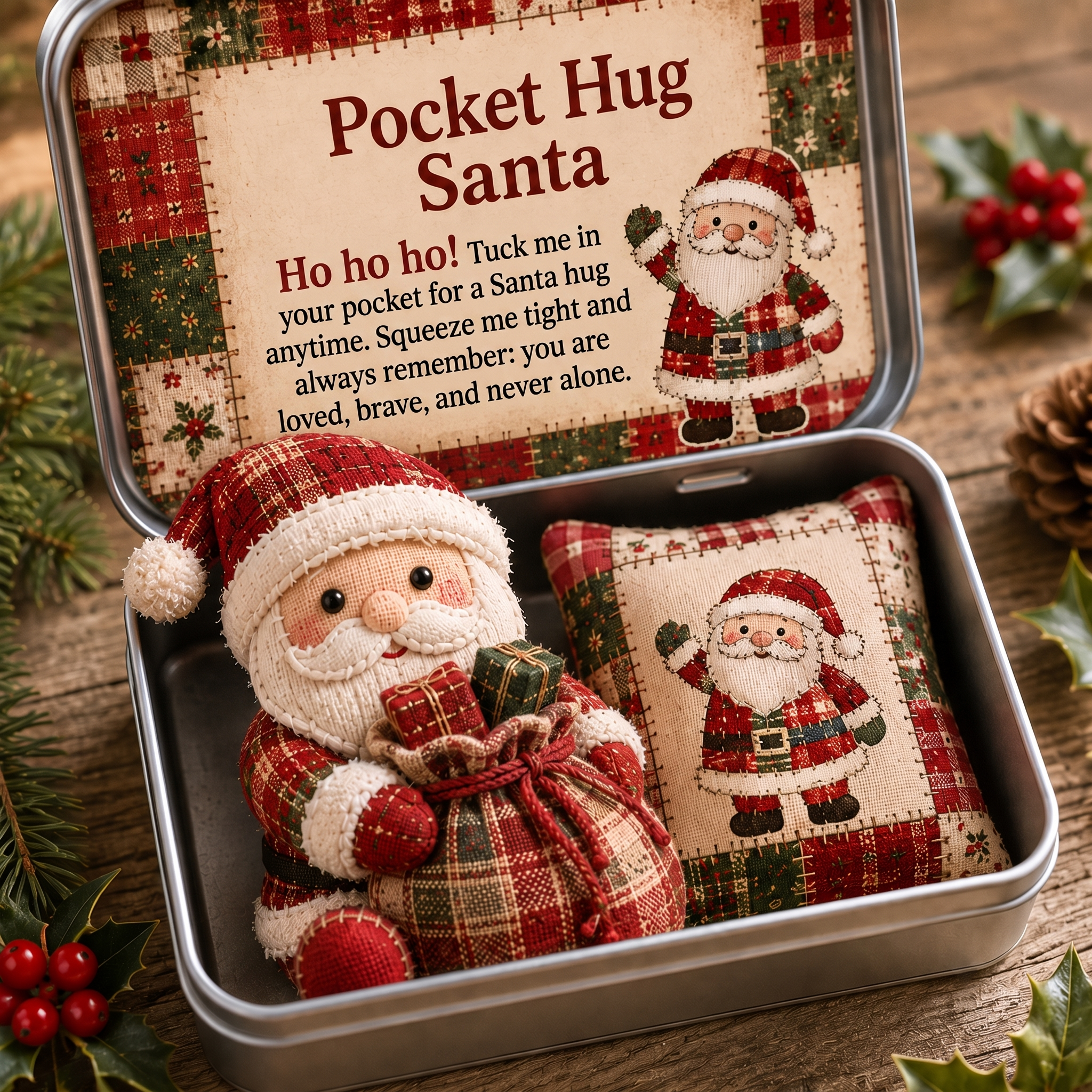 Heartwarming Patchwork Santa Pocket Hug Keepsake Tin