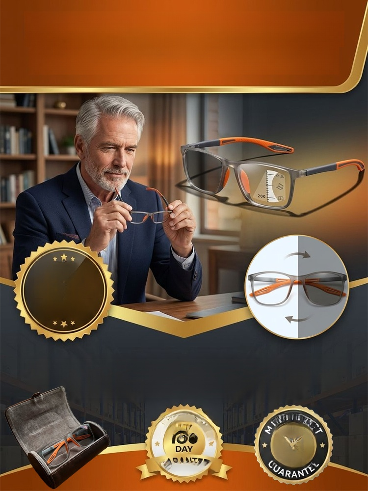 Photochromic multifocal reading glasses, Auto-tinting tech: clear blue-light blocking indoors, UV protection outdoors. Limited stock!