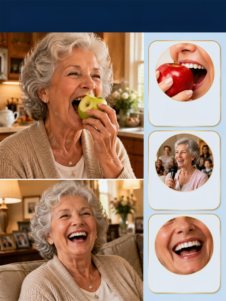 Ultra-realistic artificial teeth with the same shape and color as natural teeth, perfectly adapting to the gums without pain or uncomfortable pressure.
