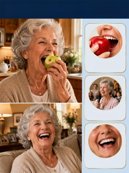 Ultra-realistic artificial teeth with the same shape and color as natural teeth, perfectly adapting to the gums without pain or uncomfortable pressure.