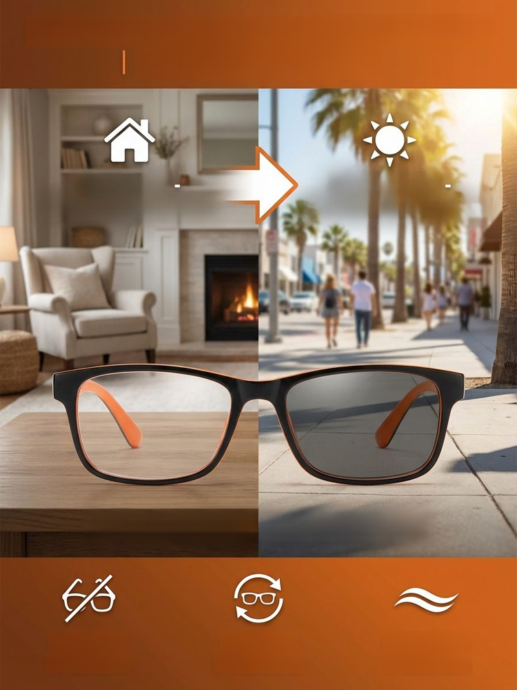 Photochromic multifocal reading glasses, Auto-tinting tech: clear blue-light blocking indoors, UV protection outdoors. Limited stock!