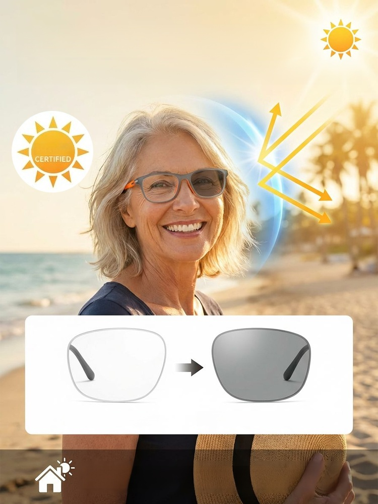 Photochromic multifocal reading glasses, Auto-tinting tech: clear blue-light blocking indoors, UV protection outdoors. Limited stock!