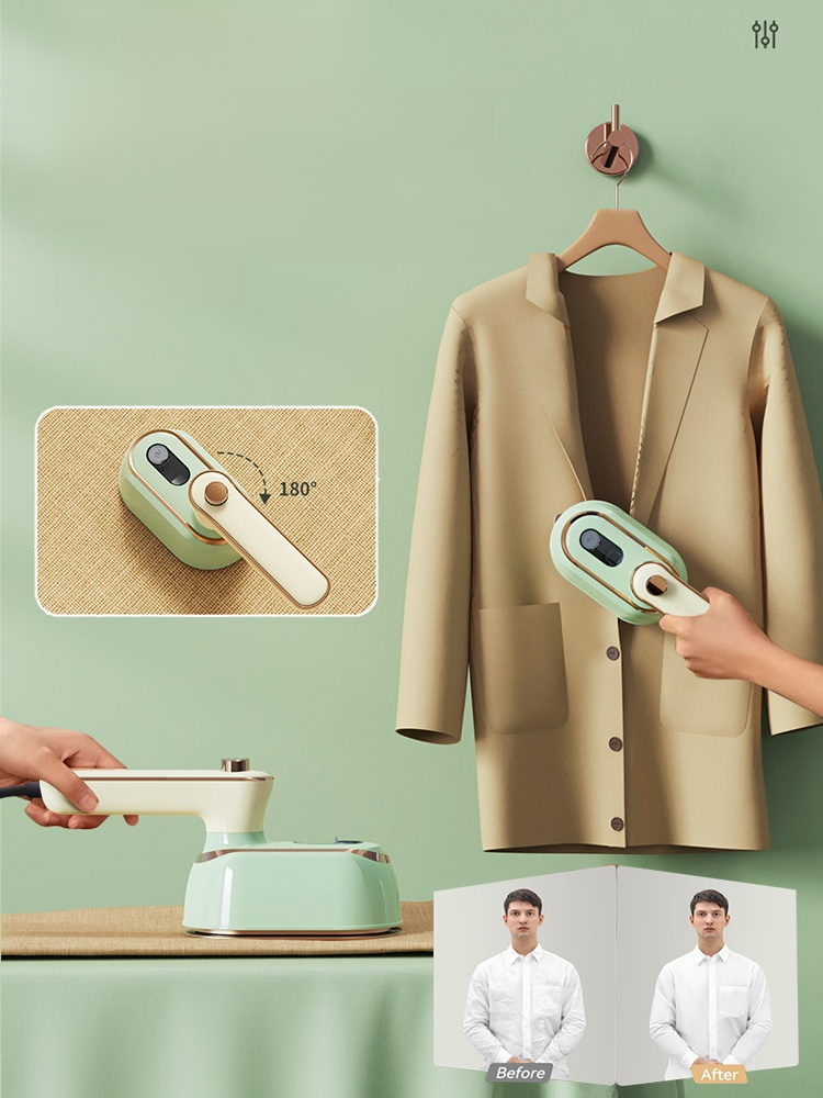 Folding steam iron, 10s fast heating with 180° rotating handle for easy flat and hanging ironing.