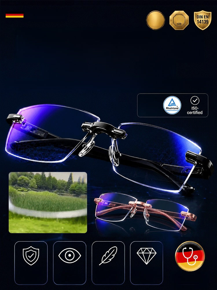German Optical Precision Glasses: Clear Vision Near, Ultra-light Diamond-Cut Rimless Reading Glasses