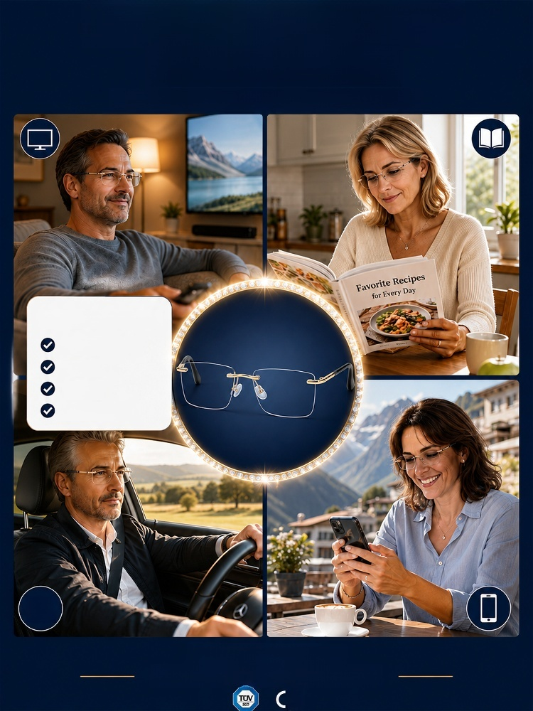 Diamond Rimless Blue Light Blocking Reading Glasses, One Pair for All Distances. Clear Vision, No Boundaries!