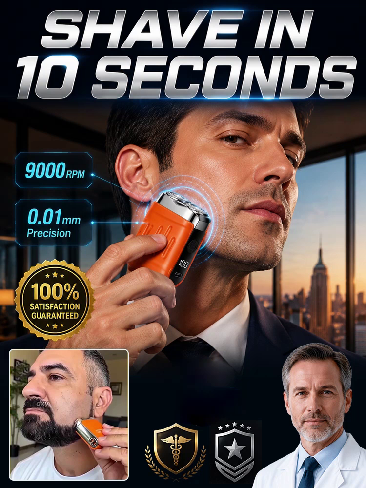Electric shaver, German precision technology prevents hair pulling. 9000 RPM motor and 36 blades deliver a clean shave in 60s.