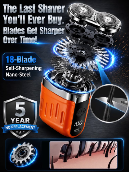 Electric shaver, German precision technology prevents hair pulling. 9000 RPM motor and 36 blades deliver a clean shave in 60s.