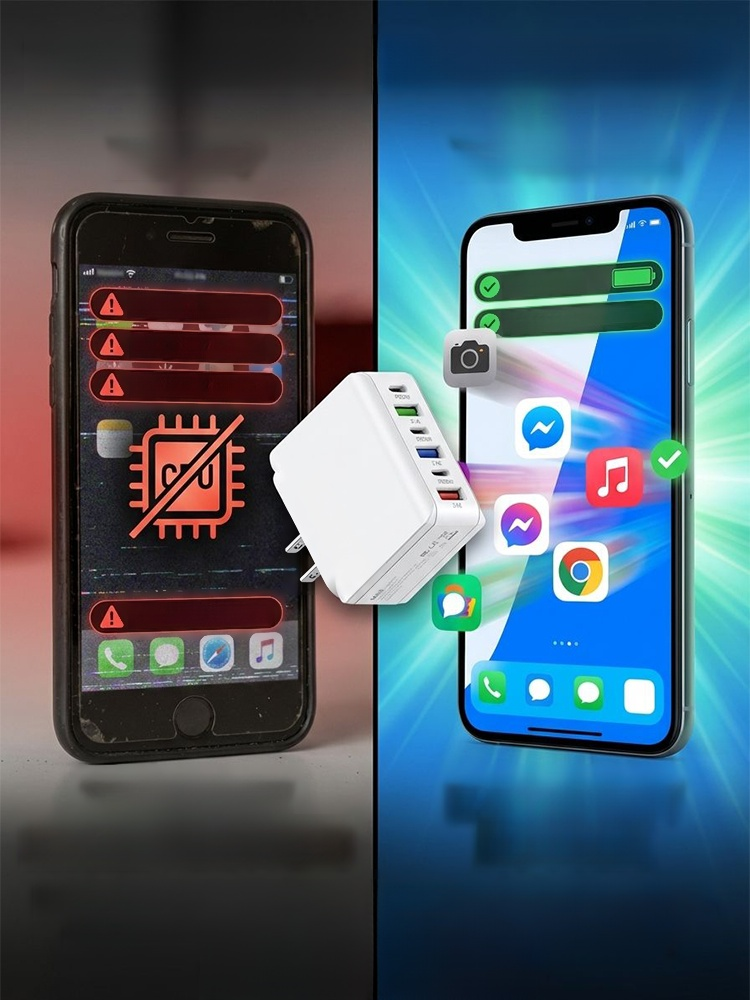 Six-port fast charging adapter, Plug it in. Restore original speed in 30 seconds. Charge 1% to 100% in 11 minutes. Buy.