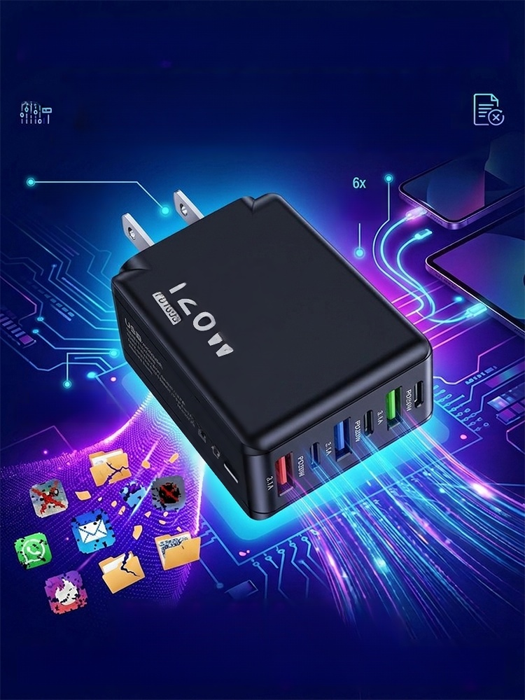 Six-port fast charging adapter, Plug it in. Restore original speed in 30 seconds. Charge 1% to 100% in 11 minutes. Buy.