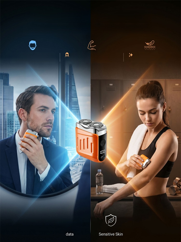 Electric shaver, German precision technology prevents hair pulling. 9000 RPM motor and 36 blades deliver a clean shave in 60s.