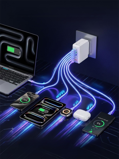 Six-port fast charging adapter, Plug it in. Restore original speed in 30 seconds. Charge 1% to 100% in 11 minutes. Buy.