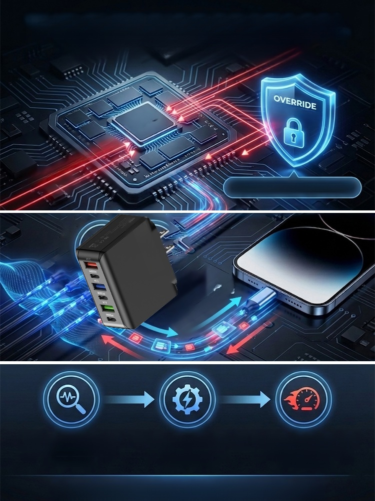 Six-port fast charging adapter, Plug it in. Restore original speed in 30 seconds. Charge 1% to 100% in 11 minutes. Buy.