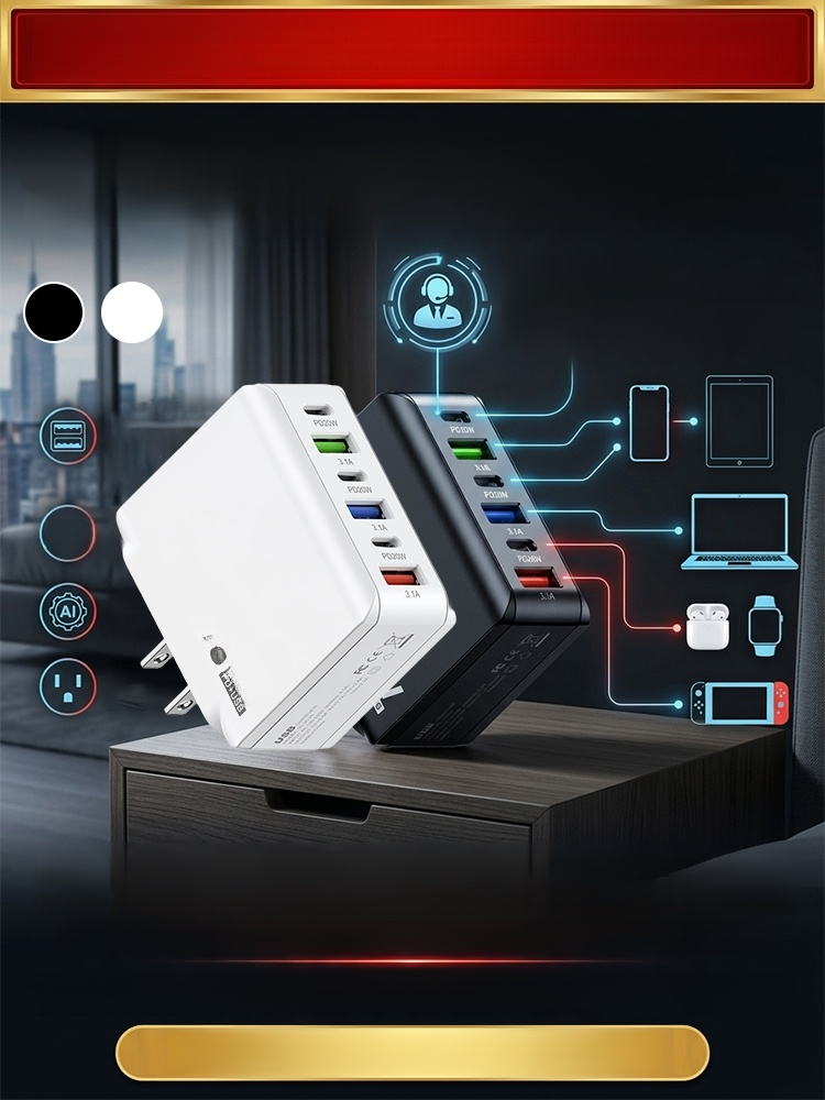 Six-port fast charging adapter, Plug it in. Restore original speed in 30 seconds. Charge 1% to 100% in 11 minutes. Buy.
