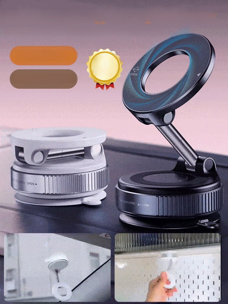 【Home and Car】Multi-purpose Magnetic Phone Holder, Vacuum lock & dual-layer magnets keep your phone safe on bumpy roads. No marks left
