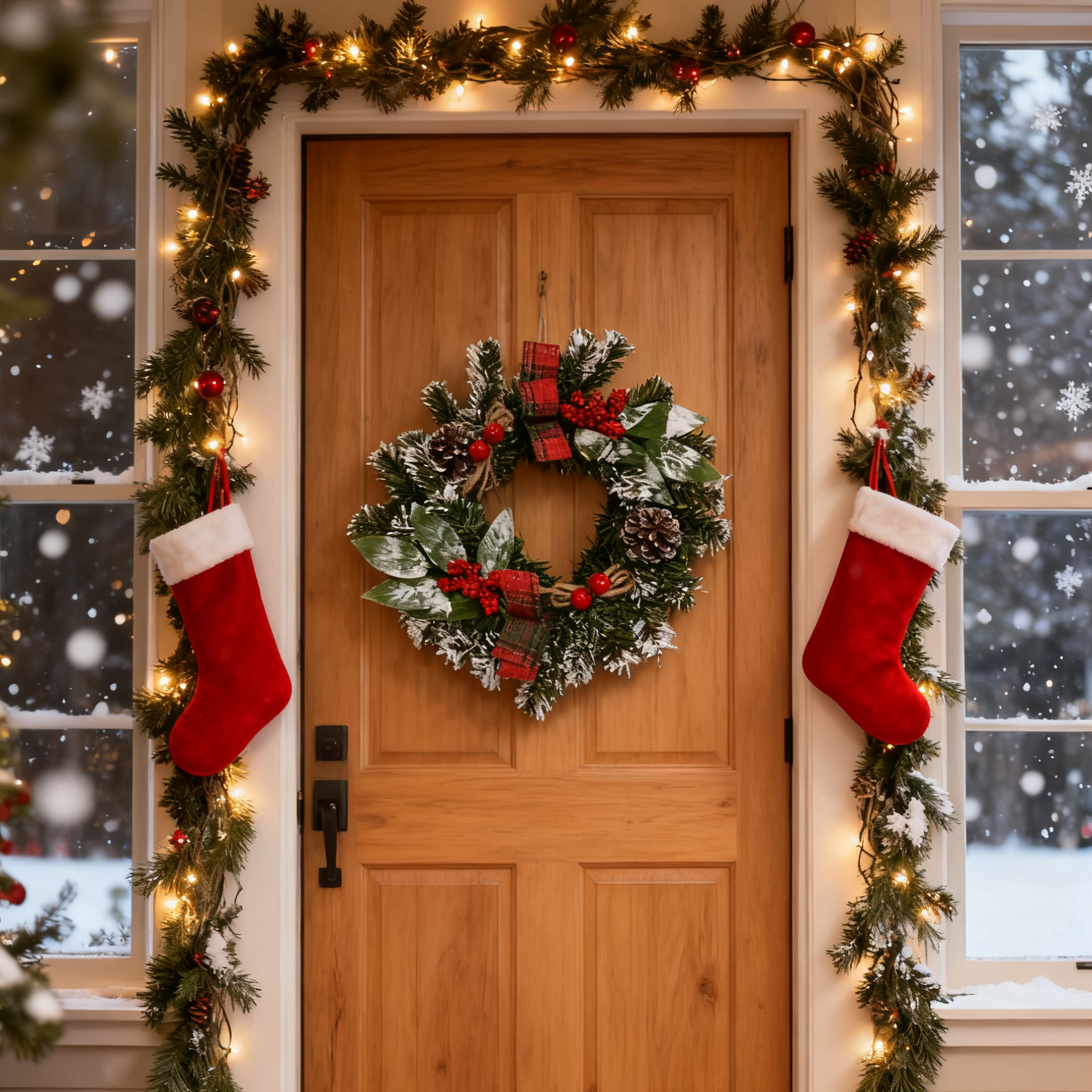 4-Pack Christmas Wreaths with Red Berries & Ribbon Bows – Small Farmhouse Holiday Wreaths for Kitchen Door, Cabinet & Wall Hangers – Festive Home Decor Set