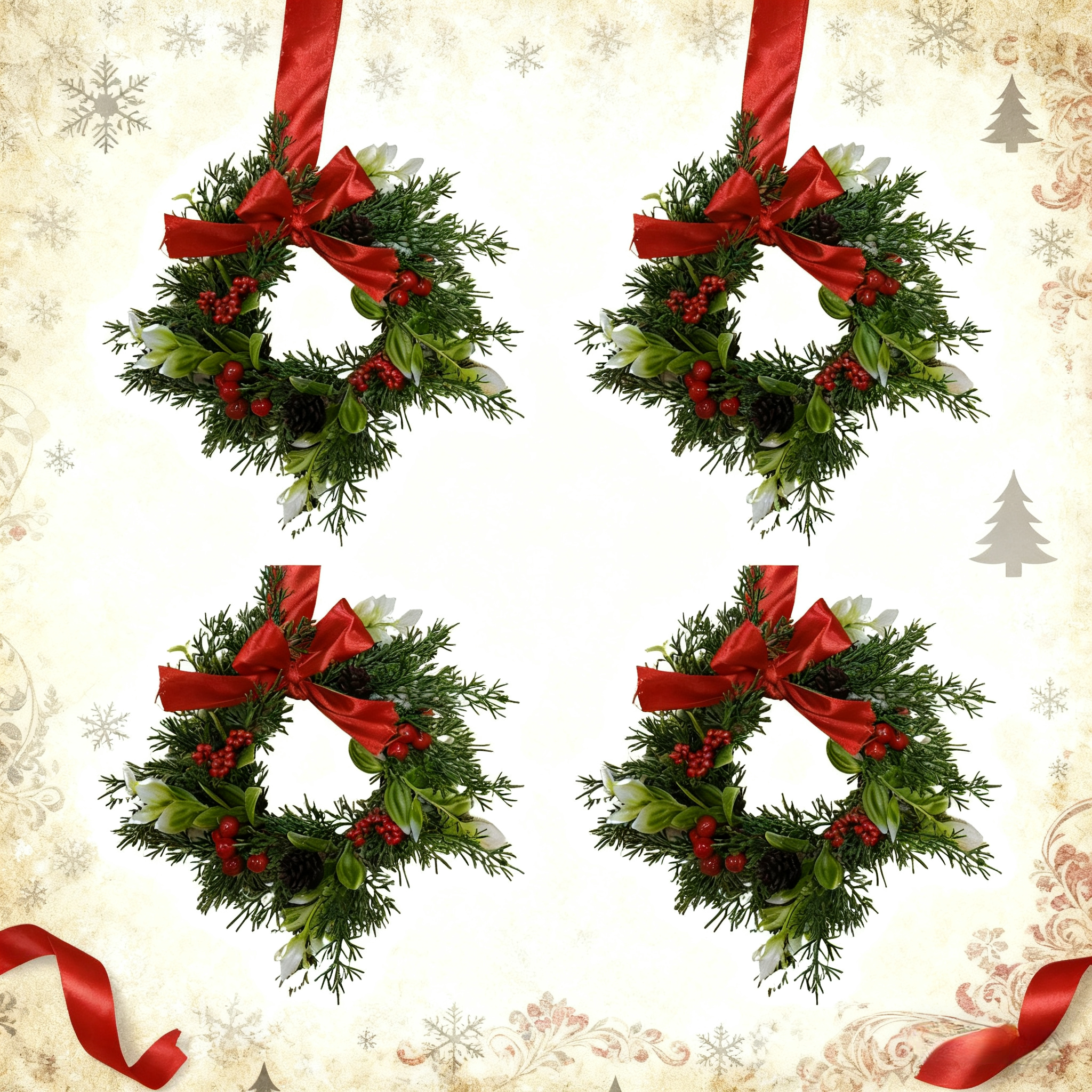 4-Pack Christmas Wreaths with Red Berries & Ribbon Bows – Small Farmhouse Holiday Wreaths for Kitchen Door, Cabinet & Wall Hangers – Festive Home Decor Set