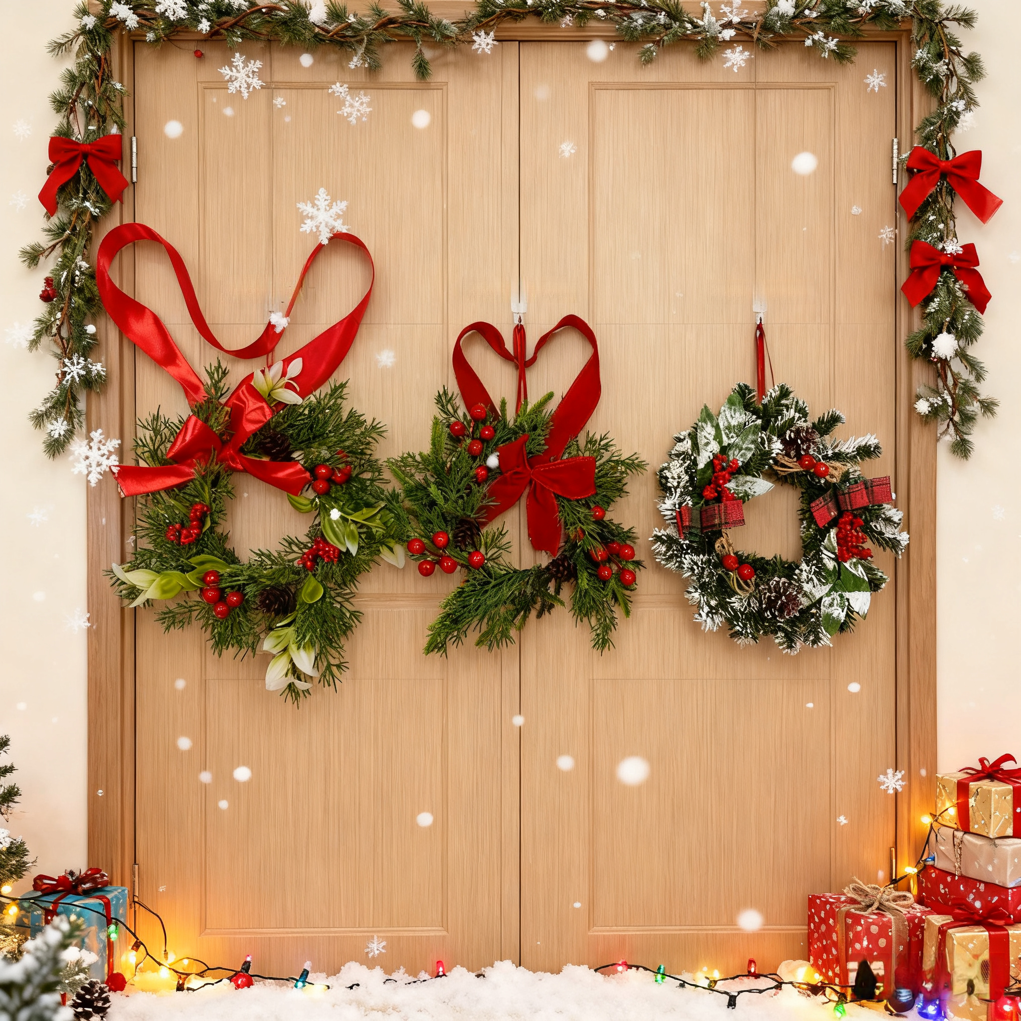 4-Pack Christmas Wreaths with Red Berries & Ribbon Bows – Small Farmhouse Holiday Wreaths for Kitchen Door, Cabinet & Wall Hangers – Festive Home Decor Set