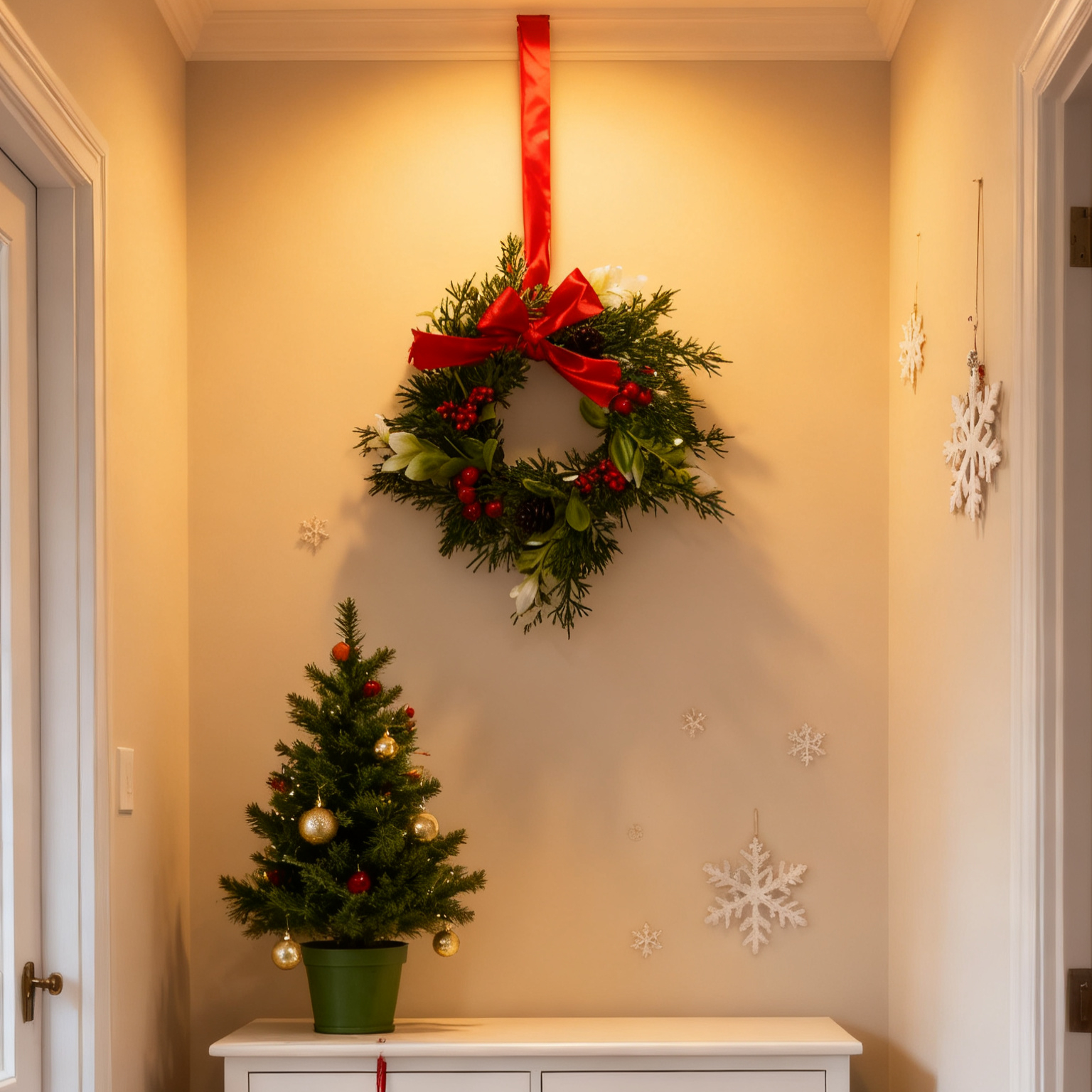 4-Pack Christmas Wreaths with Red Berries & Ribbon Bows – Small Farmhouse Holiday Wreaths for Kitchen Door, Cabinet & Wall Hangers – Festive Home Decor Set