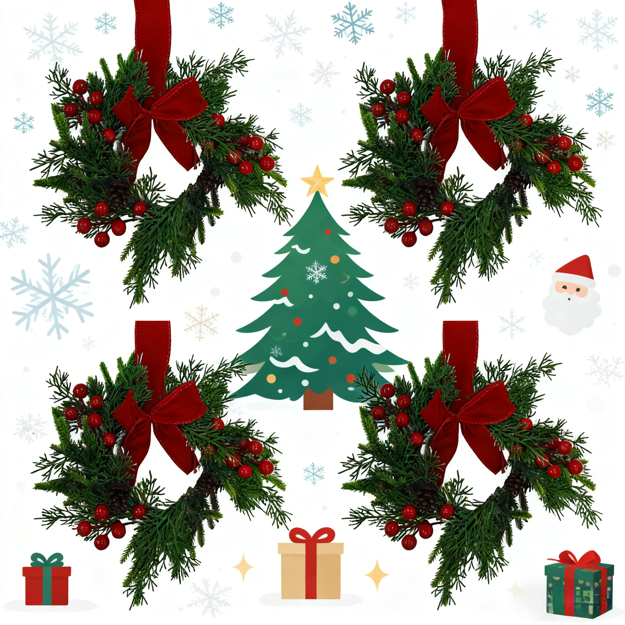 4-Pack Christmas Wreaths with Red Berries & Ribbon Bows – Small Farmhouse Holiday Wreaths for Kitchen Door, Cabinet & Wall Hangers – Festive Home Decor Set