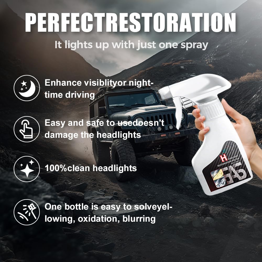 Headlight Restoration Spray for Cars | Removes Yellowing & Oxidation | No Polish Needed | DIY Headlight Cleaner for Night Driving Safety