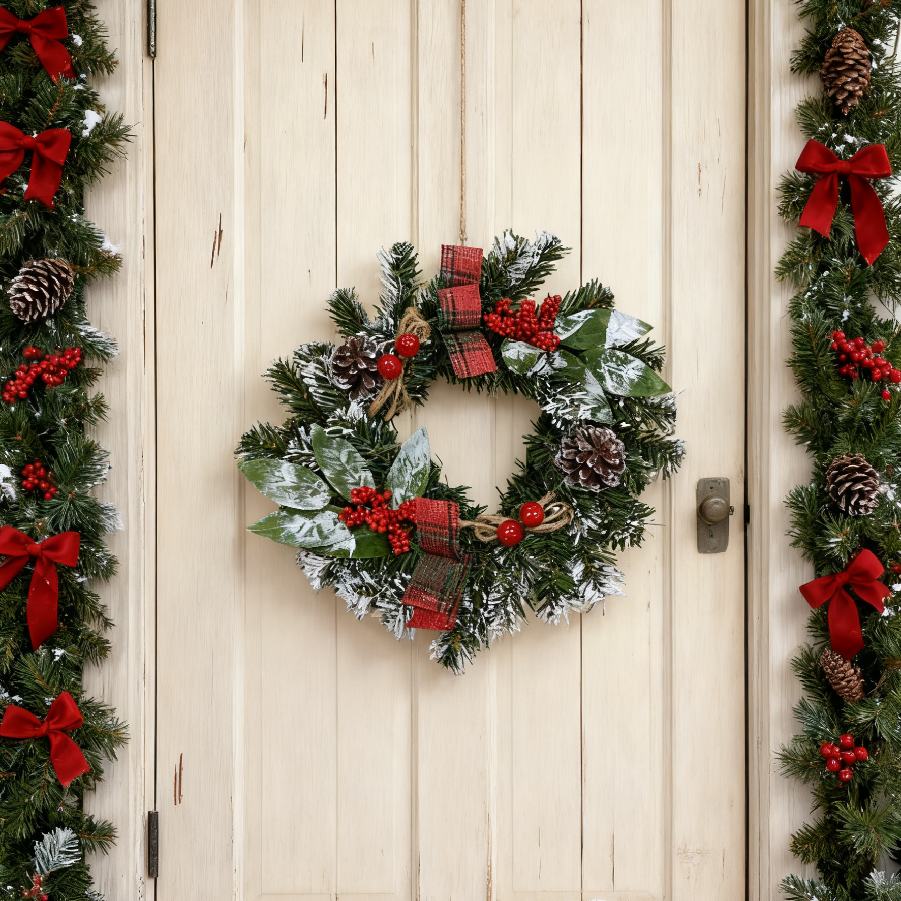 4-Pack Christmas Wreaths with Red Berries & Ribbon Bows – Small Farmhouse Holiday Wreaths for Kitchen Door, Cabinet & Wall Hangers – Festive Home Decor Set