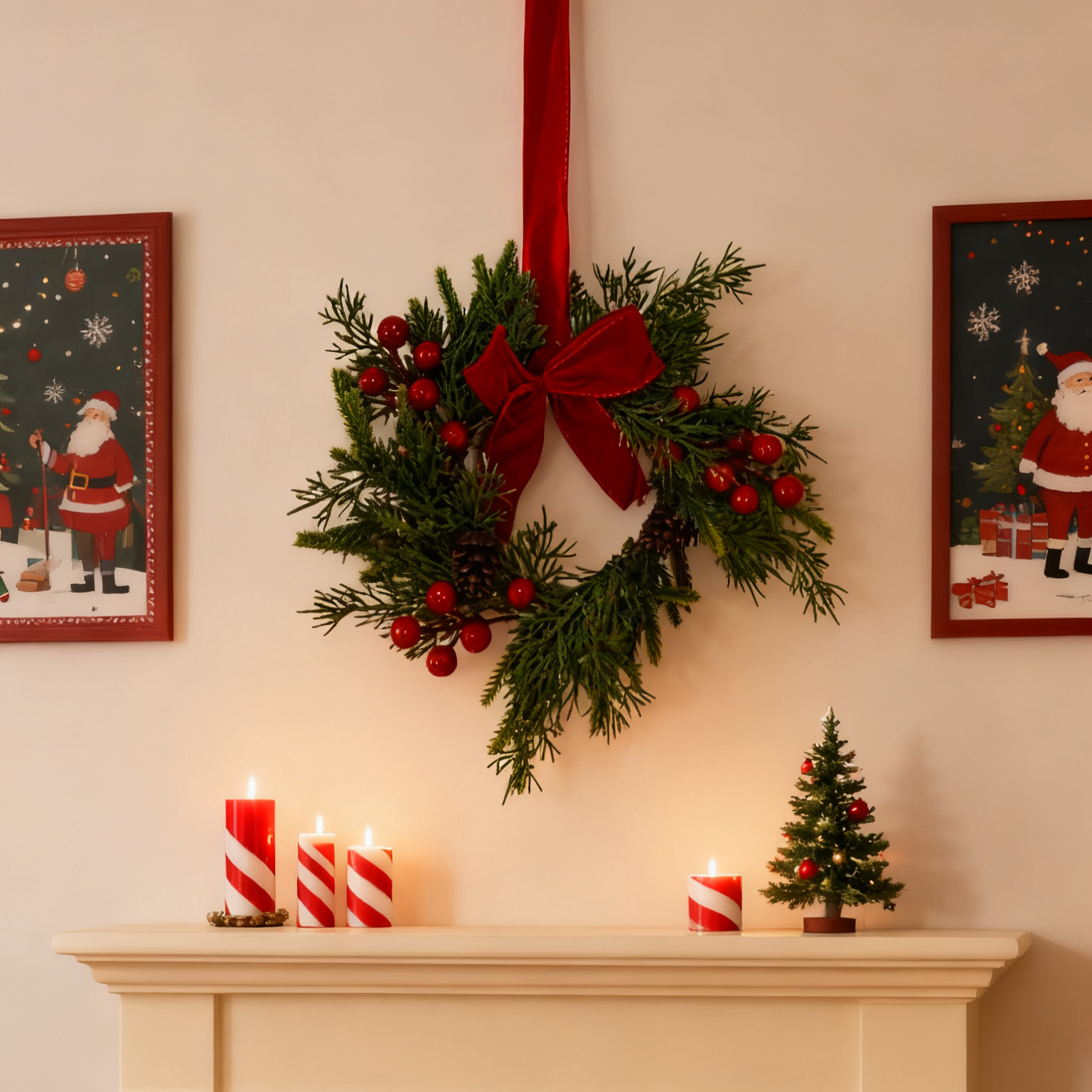 4-Pack Christmas Wreaths with Red Berries & Ribbon Bows – Small Farmhouse Holiday Wreaths for Kitchen Door, Cabinet & Wall Hangers – Festive Home Decor Set