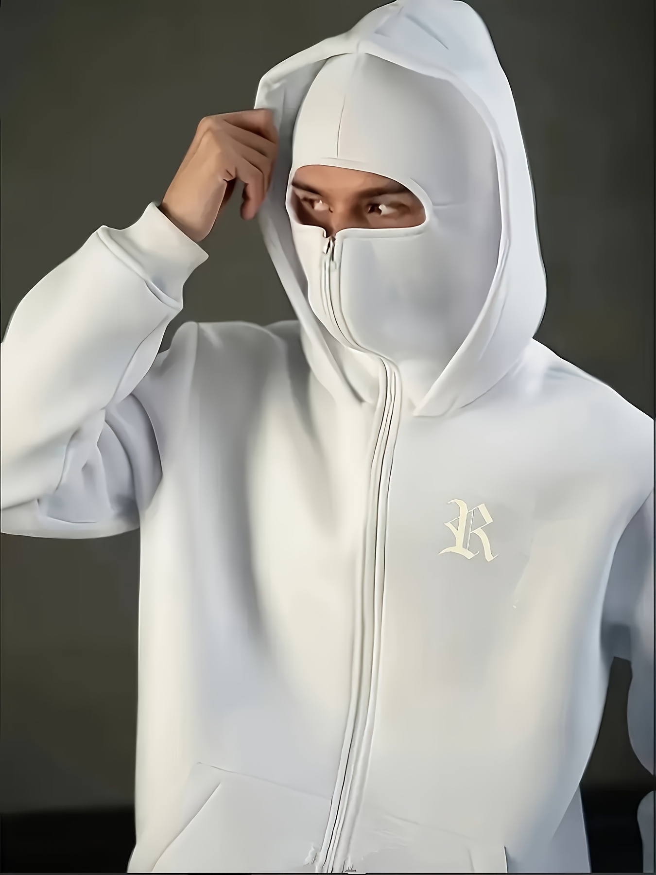 Gothic Style Men's Double Hood Face Cover Cardigan - Minimalist Geometric Print, Versatile Casual Formal Outerwear