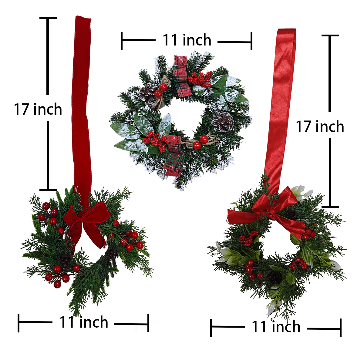 4-Pack Christmas Wreaths with Red Berries & Ribbon Bows – Small Farmhouse Holiday Wreaths for Kitchen Door, Cabinet & Wall Hangers – Festive Home Decor Set