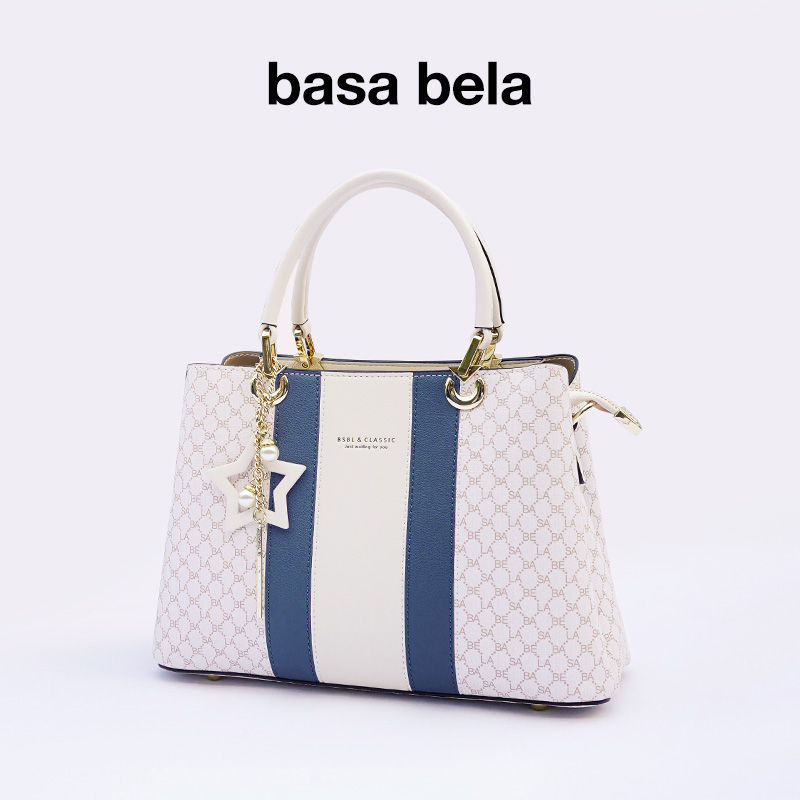 Basa Bela Top Handle Handbag – Designer Vibes Blue & White Tote with Star Charm | Everyday Chic Shoulder Bag for Work/Date Nights | Spacious Structured Purse