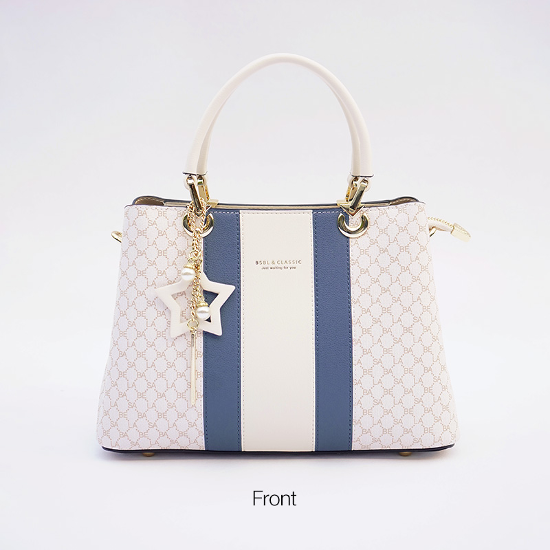 Basa Bela Top Handle Handbag – Designer Vibes Blue & White Tote with Star Charm | Everyday Chic Shoulder Bag for Work/Date Nights | Spacious Structured Purse