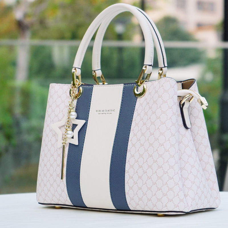 Basa Bela Top Handle Handbag – Designer Vibes Blue & White Tote with Star Charm | Everyday Chic Shoulder Bag for Work/Date Nights | Spacious Structured Purse