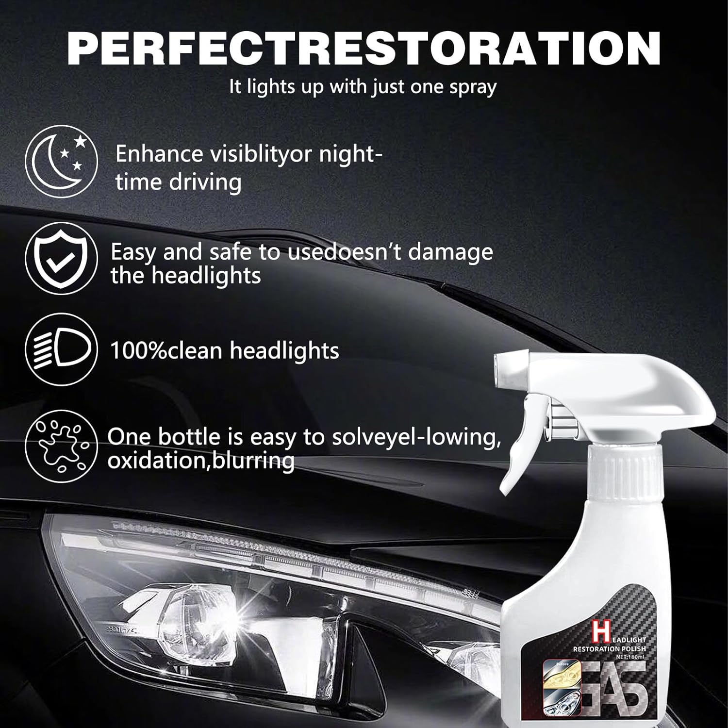 Headlight Restoration Spray for Cars | Removes Yellowing & Oxidation | No Polish Needed | DIY Headlight Cleaner for Night Driving Safety
