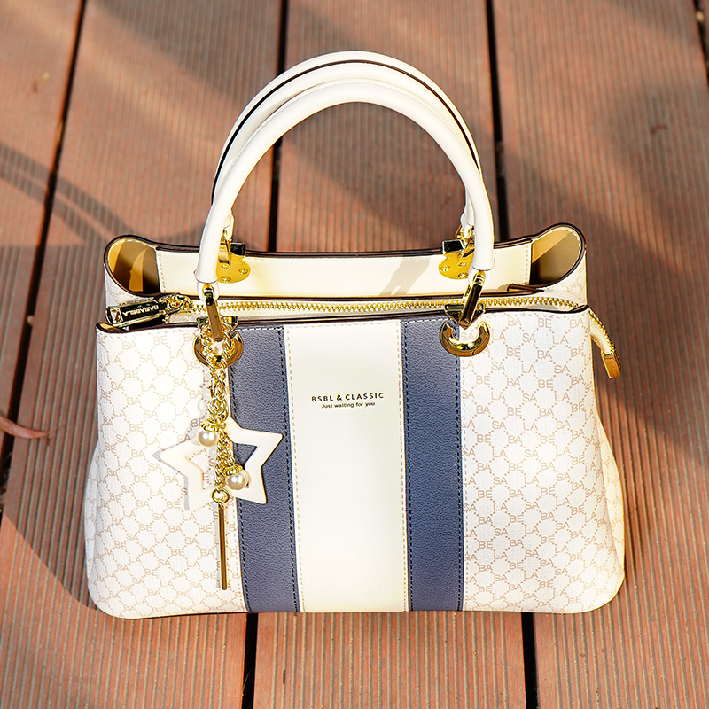 Basa Bela Top Handle Handbag – Designer Vibes Blue & White Tote with Star Charm | Everyday Chic Shoulder Bag for Work/Date Nights | Spacious Structured Purse