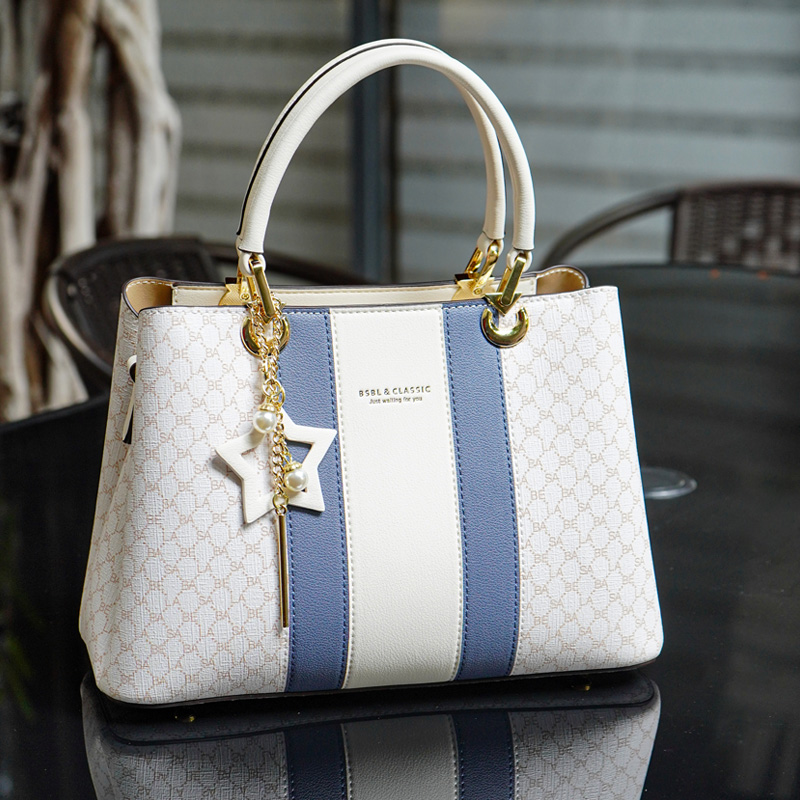 Basa Bela Top Handle Handbag – Designer Vibes Blue & White Tote with Star Charm | Everyday Chic Shoulder Bag for Work/Date Nights | Spacious Structured Purse