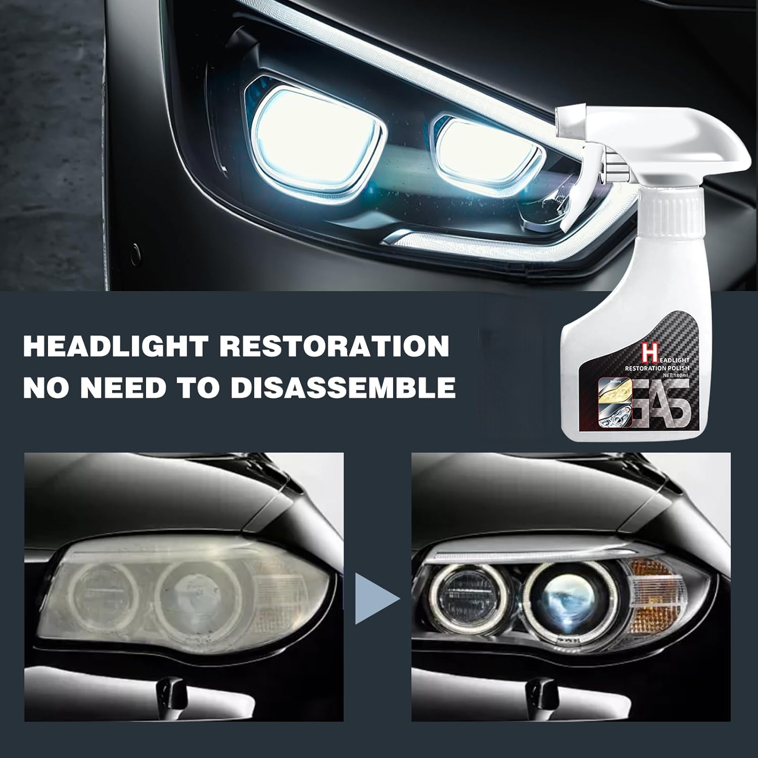 Headlight Restoration Spray for Cars | Removes Yellowing & Oxidation | No Polish Needed | DIY Headlight Cleaner for Night Driving Safety