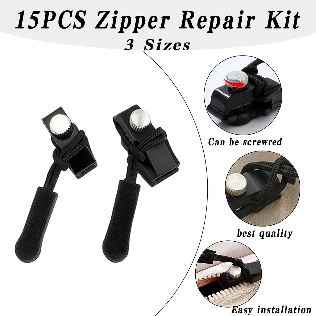 15PCS Zipper Repair Kit 3 Sizes – Quick Fix Replacement Zip Pulls,  No Sewing Needed | For Jackets, Bags, Luggage, Backpacks