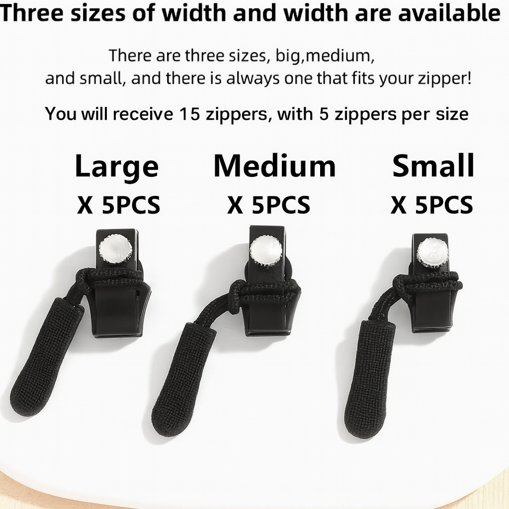 15PCS Zipper Repair Kit 3 Sizes – Quick Fix Replacement Zip Pulls,  No Sewing Needed | For Jackets, Bags, Luggage, Backpacks