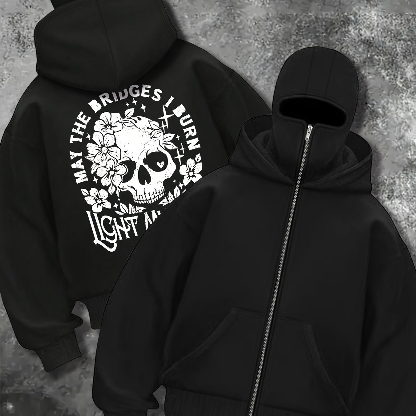 Men's Windproof Full-Zip Balaclava Hoodie | Custom Graphic Print Streetwear Windbreaker Sweatshirt with Front Pocket