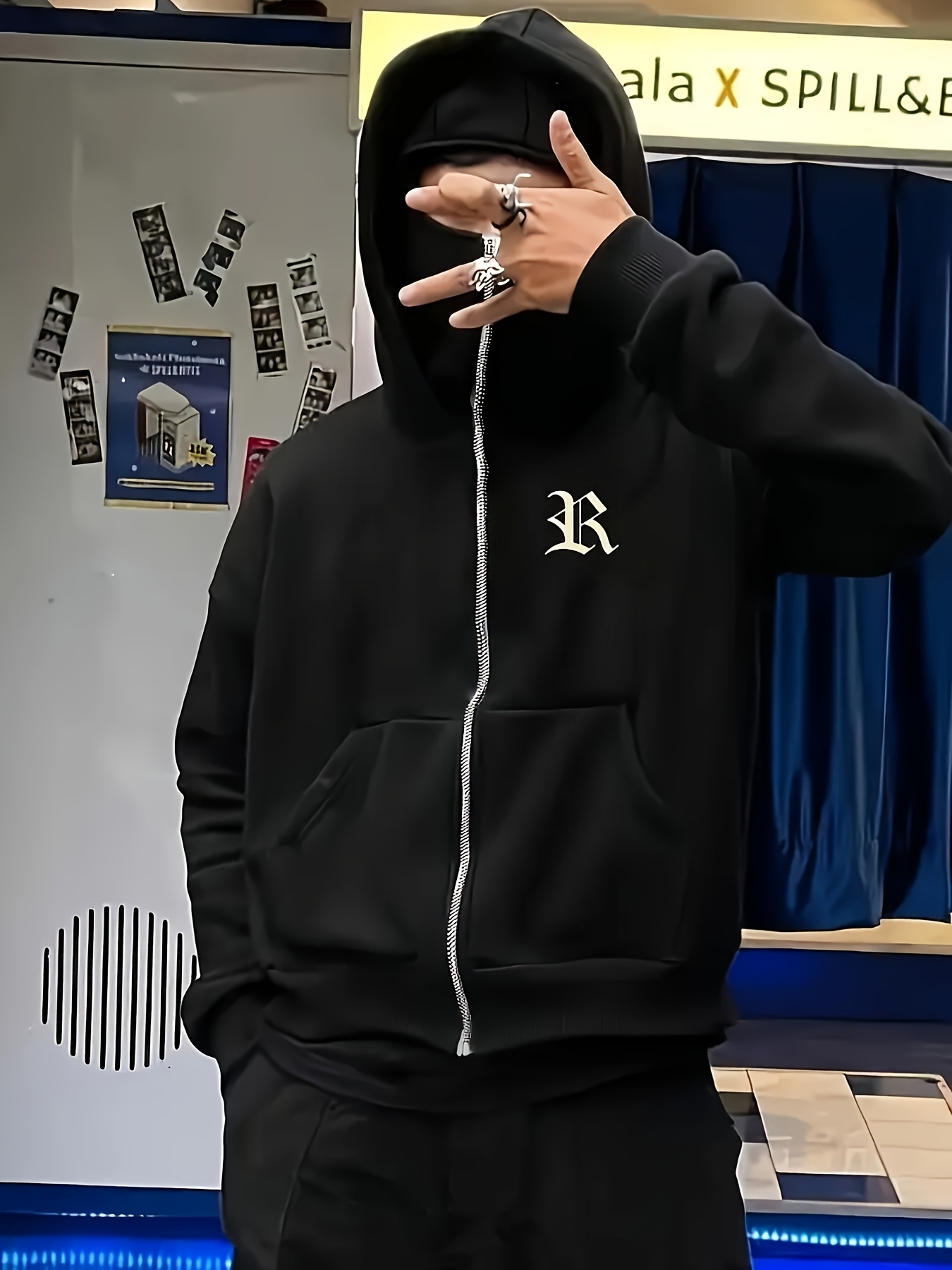 Gothic Style Men's Double Hood Face Cover Cardigan - Minimalist Geometric Print, Versatile Casual Formal Outerwear