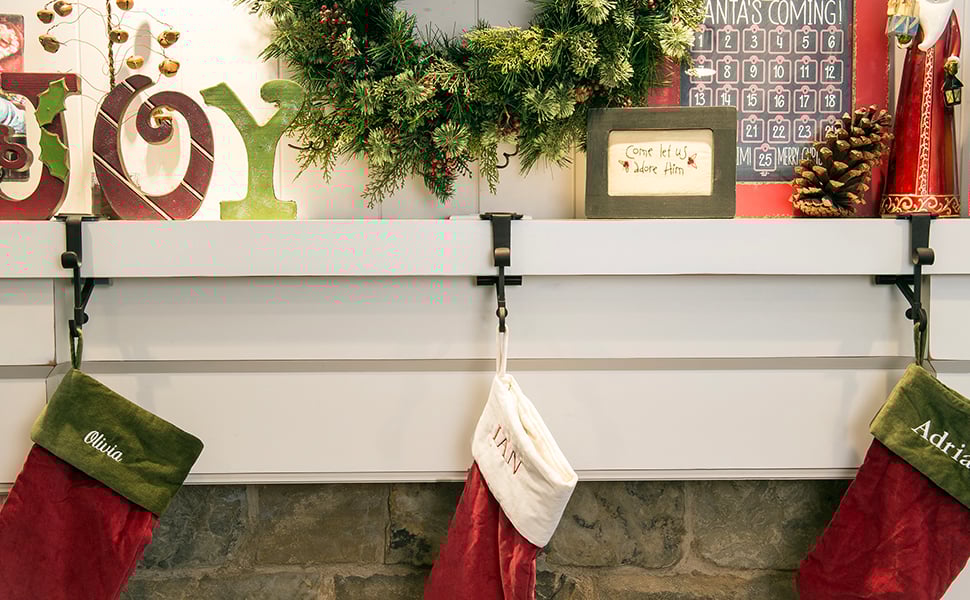 Mantle Hanger fireplace stocking and garland hanger hanging on fireplace with stockings hanging