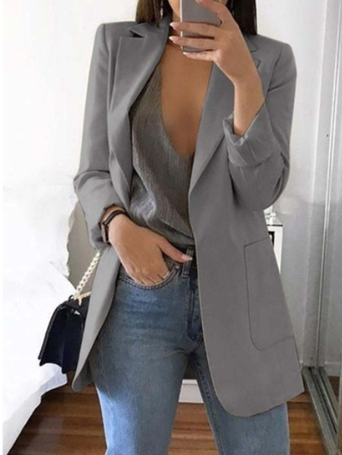 Elegant Plain Lapel Collar Dual Pocket Blazer