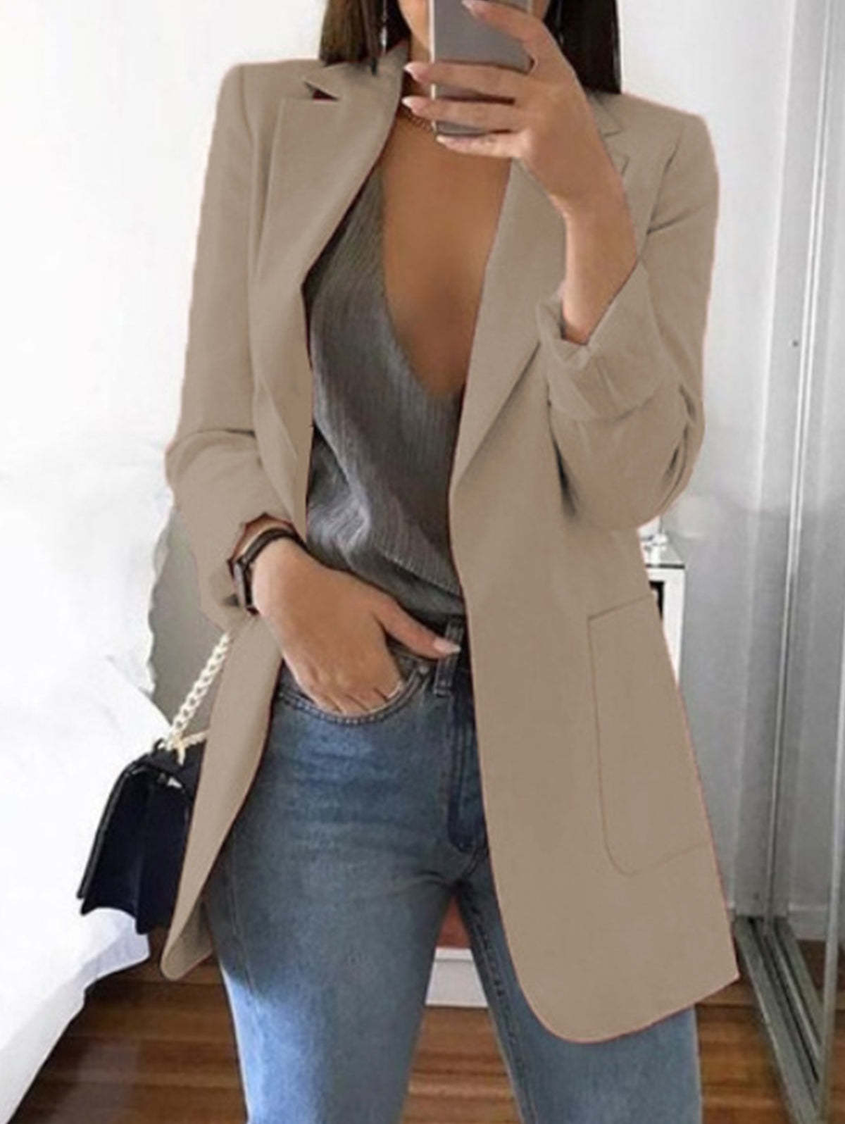 Elegant Plain Lapel Collar Dual Pocket Blazer