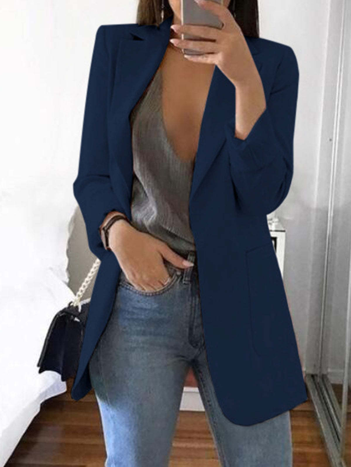 Elegant Plain Lapel Collar Dual Pocket Blazer