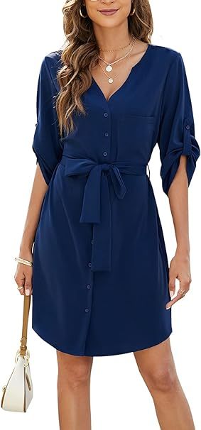 Womens Button Down Dress Summer V Neck 3/4 Sleeve Tie Waist Business Casual Work Mini Shirt Dresses