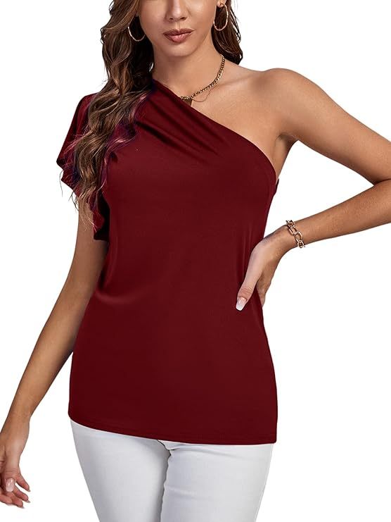 Women's Summer Elegant One Shoulder Ruched Ruffle Short Sleeve Blouse Top