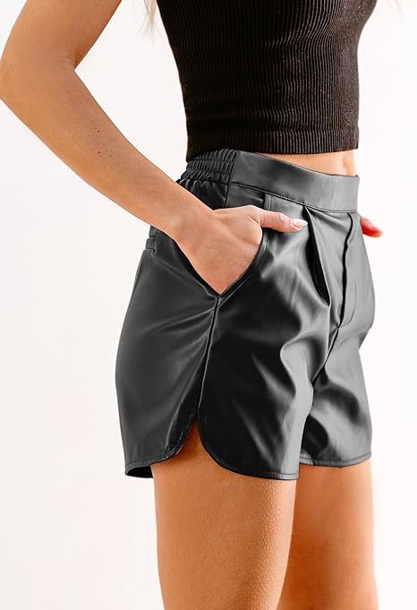 Faux Leather Shorts for Women High Wasited Pull On Pleated Side Slit Pleather Shorts with Elastic Waist Pockets