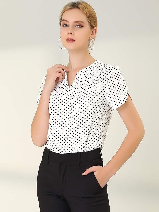 Women's Polka Dots Print V Neck Short Sleeve Elegant Work Office Tops
