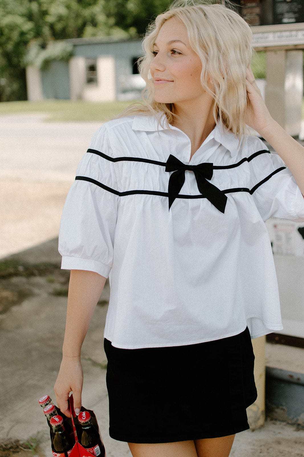 White Bow Detail Poplin Blouse