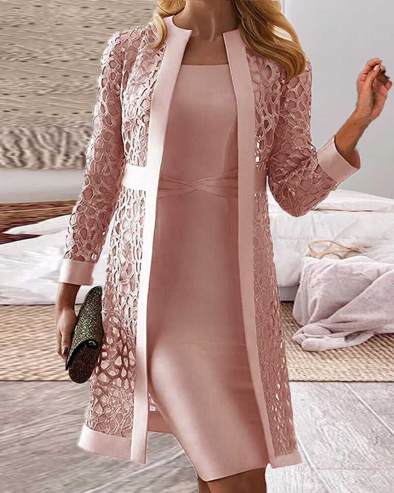 Women's Solid Color Casual Lace Cardigan Dress Two Piece Sets